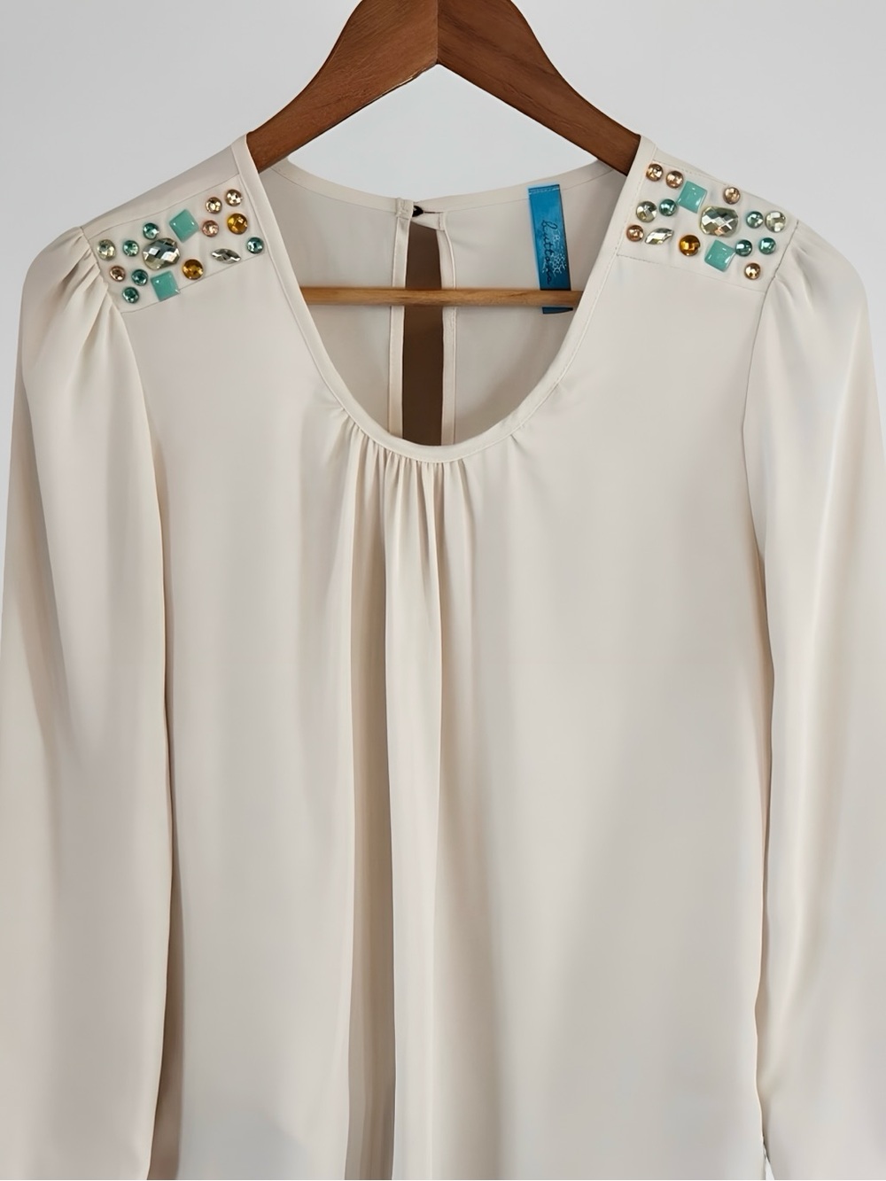 Buttons Embellished Shoulder Long Sleeve Blouse Cream Size Small